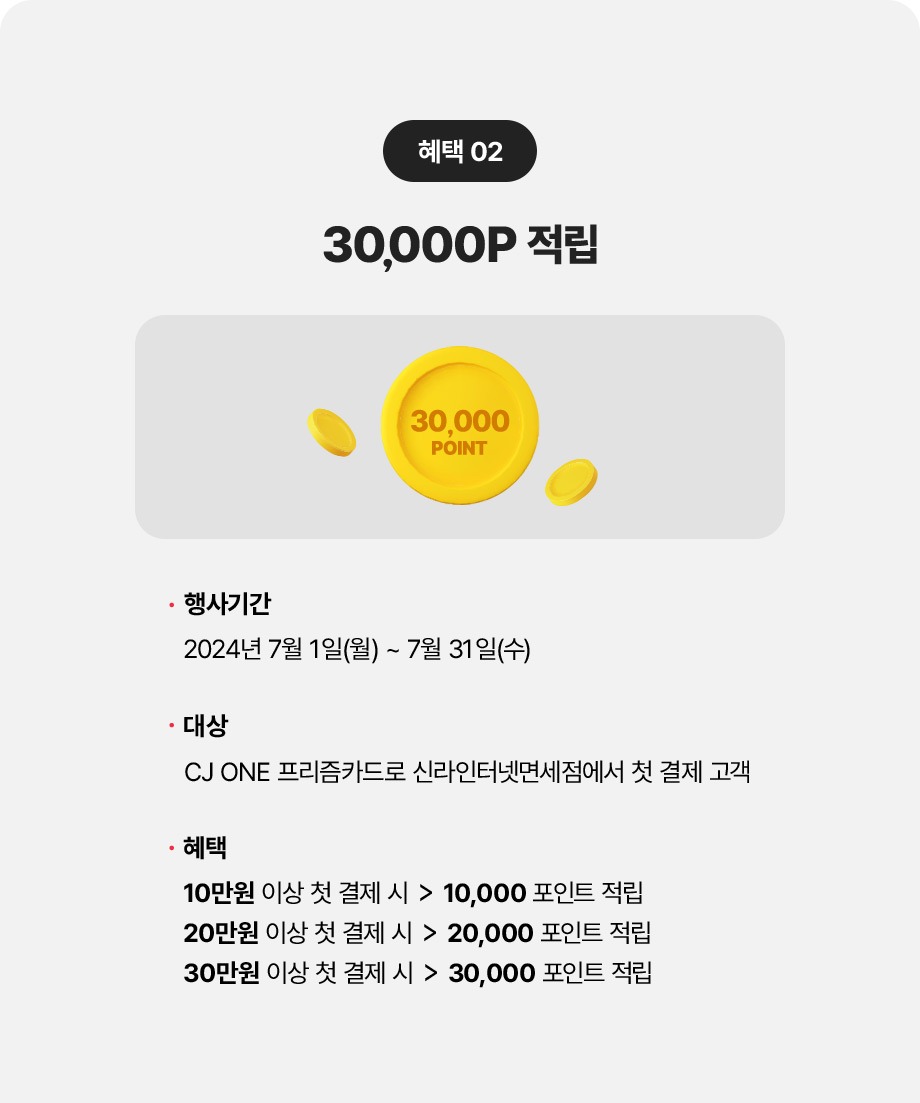 혜택 02 최대 3만P 적립 행사 기간 2024년 7월 1일(월) ~ 7월 31일(수) 대상 CJ ONE 프리즘카드로 신라인터넷면세점에서 첫 결제 고객 혜택 10만원 이상 첫 결제 시 10000 포인트 적립 20만원 이상 첫 결제 시 20000 포인트 적립 30만원 이상 첫 결제 시 30000포인트 적립