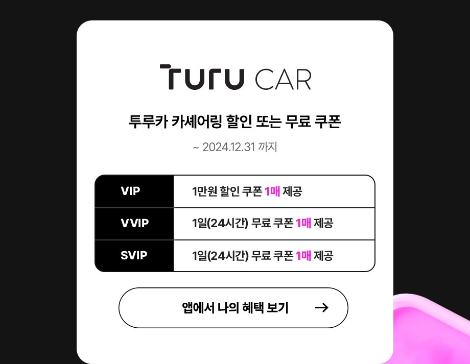 트루카 카셰어링 할인 또는 무료 쿠폰(2024년 12월 31일까지) VIP: 1만원 할인 쿠폰 1매 제공, VVIP: 1일(24시간) 무료 쿠폰 1매 제공, SVIP: 1일(24시간) 무료 쿠폰 1매 제공